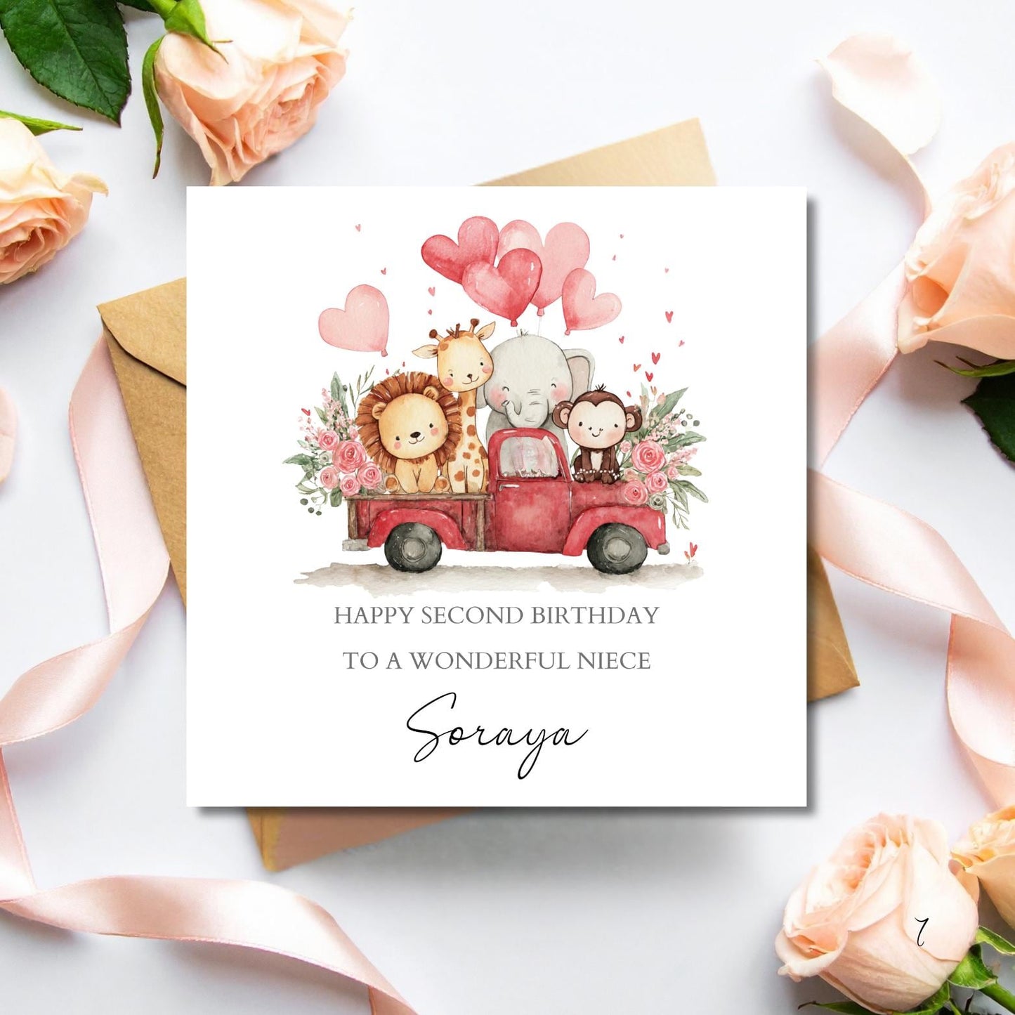 Personalised First Birthday Card Safari Animals | Pink Heart 2nd birthday Animal Truck card | Birthday Card for Girl, Granddaughter, Niece