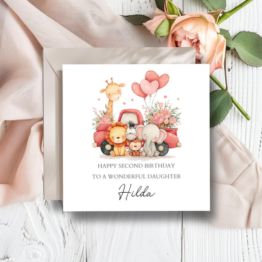 Personalised First Birthday Card Safari Animals | Pink Heart 2nd birthday Animal Truck card | Birthday Card for Girl, Granddaughter, Niece