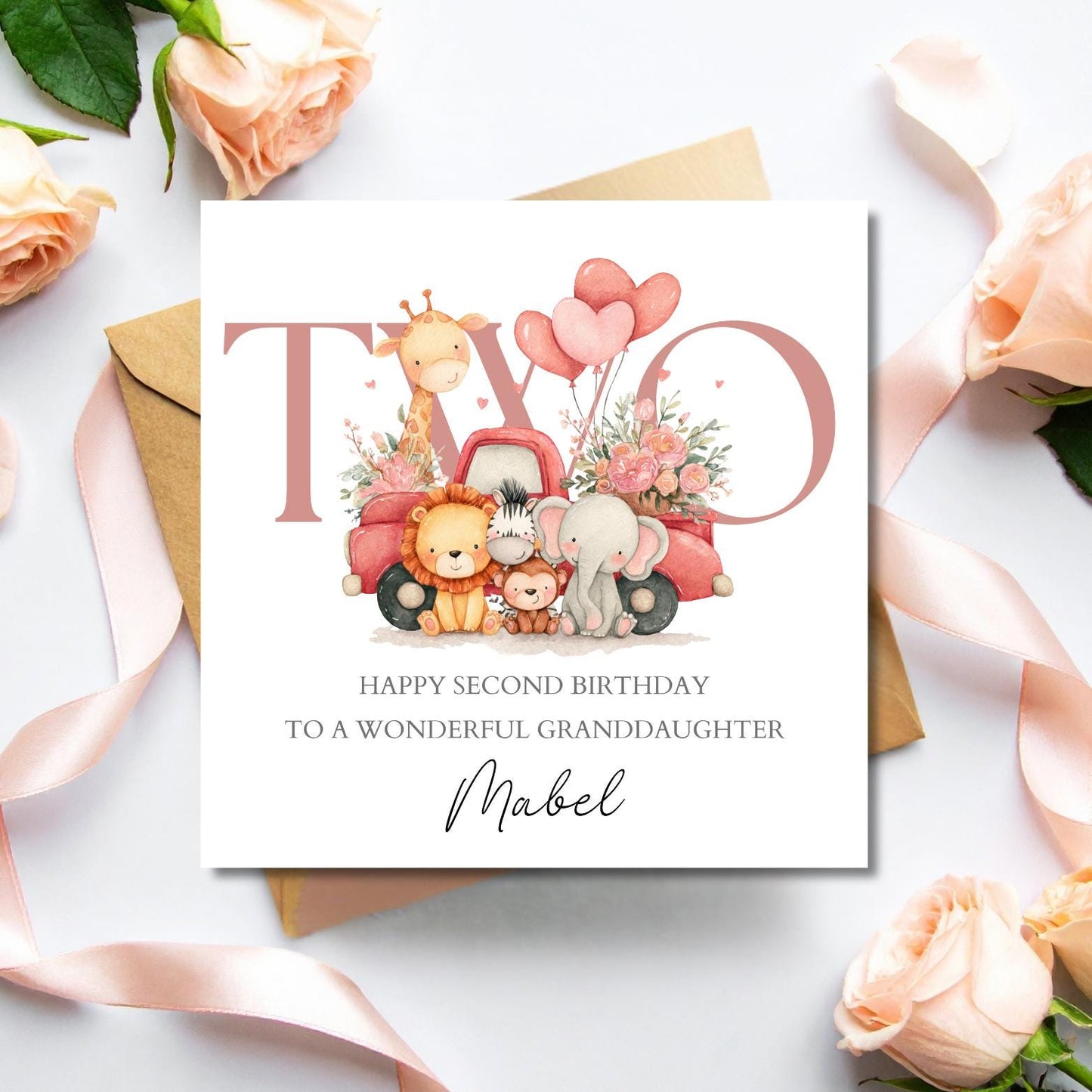 Personalised First Birthday Card Safari Animals | Pink Heart 2nd birthday Animal Truck card | Birthday Card for Girl, Granddaughter, Niece