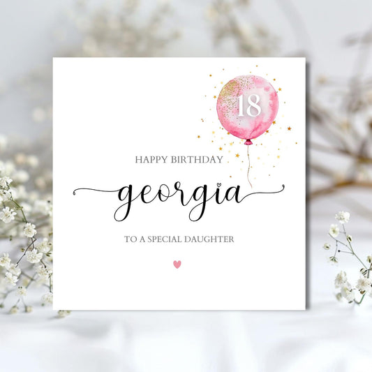 Personalised 18th Birthday Card, Eighteen Birthday Card, 21st Custom Birthday Card Pink Balloons For Daughter, Birthday Card for Her.Any Age