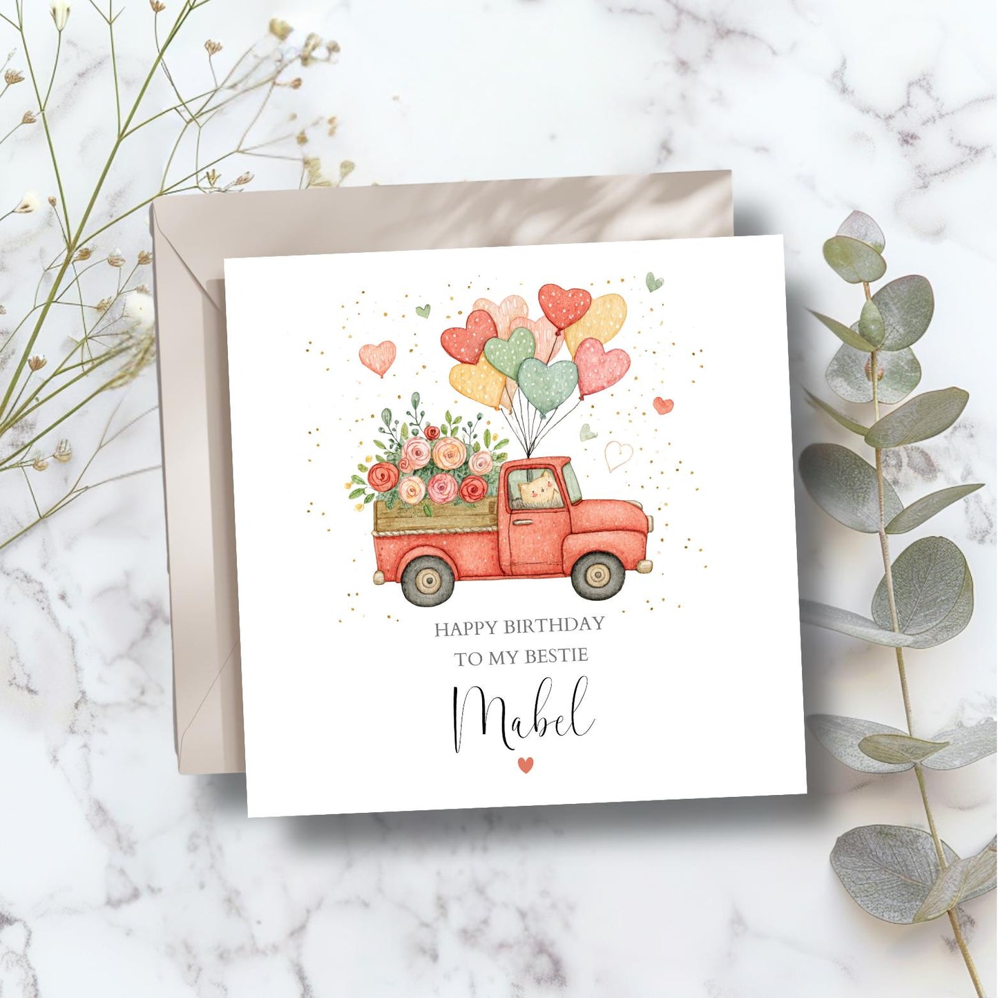 Personalised Bestie Birthday Card - Love Cat Truck Birthday Card -Best Friend Card- Birthday Card for Friend, Mum, Bestie,Any Relation