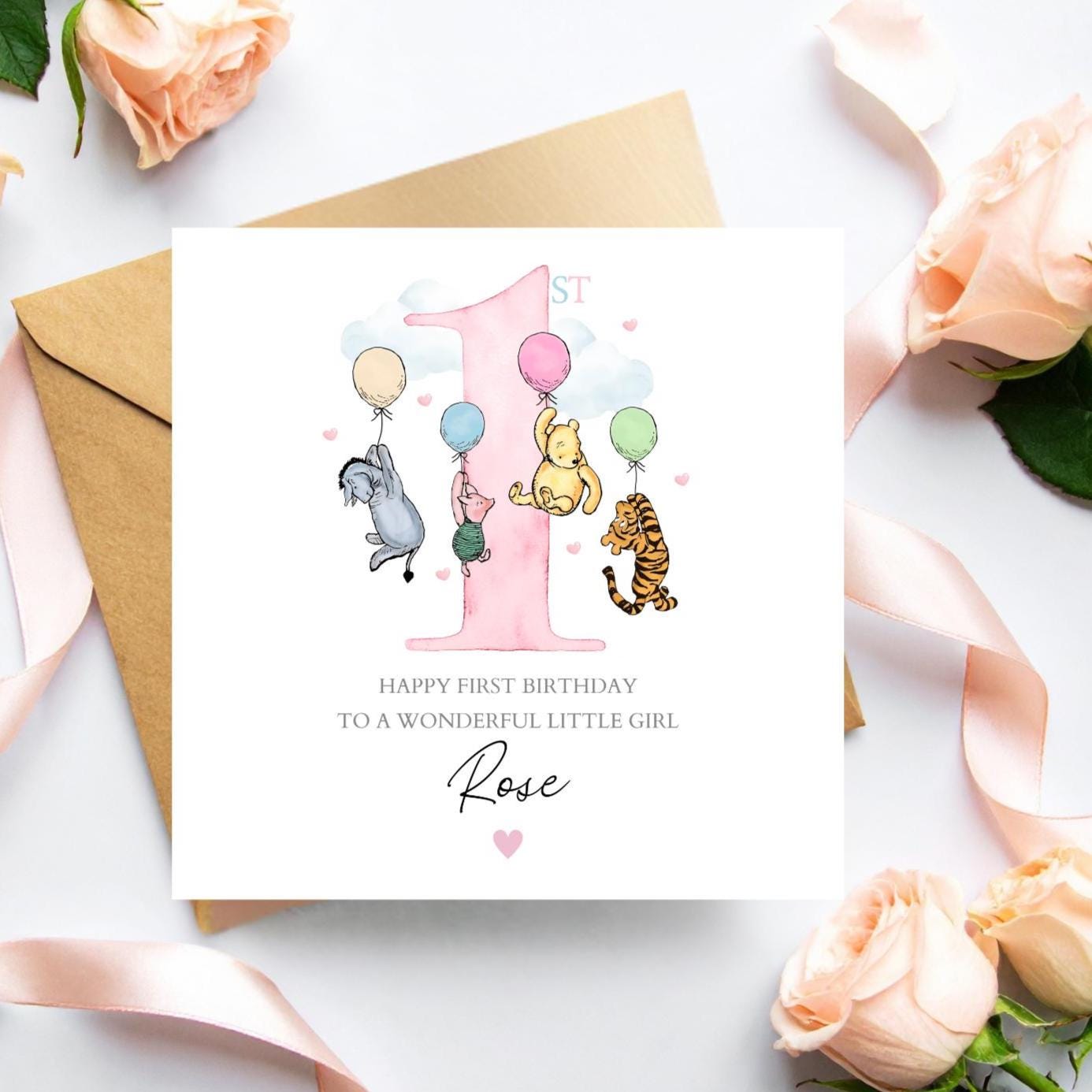Personalised First Birthday Winnie The Pooh Card |One birthday Winnie Pink card |Birthday Card for Girl, Granddaughter,Daughter,Any Relation