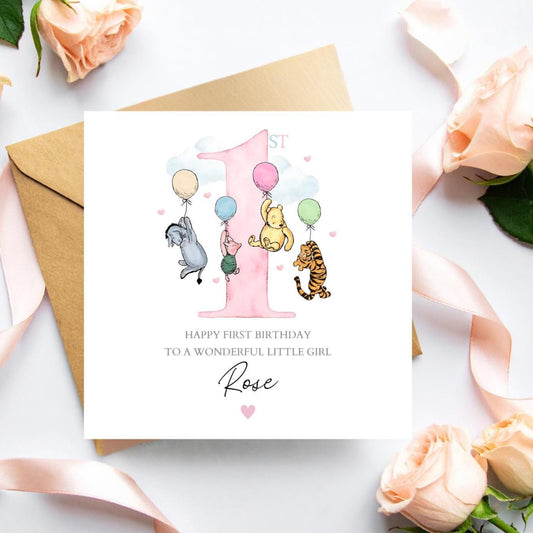 Personalised First Birthday Winnie The Pooh Card |One birthday Winnie Pink card |Birthday Card for Girl, Granddaughter,Daughter,Any Relation