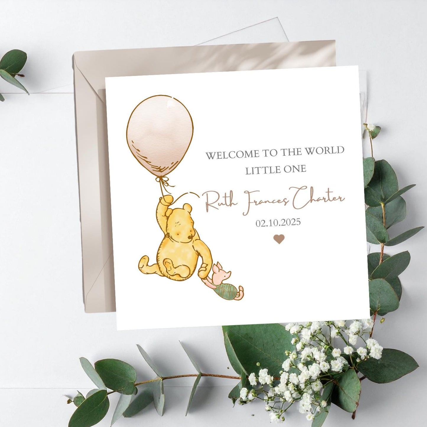 Personalised Winnie The Pooh New Baby Card - Winnie The Pooh Welcome to the World Card - Neutral Baby Card- Personalised Newborn Card