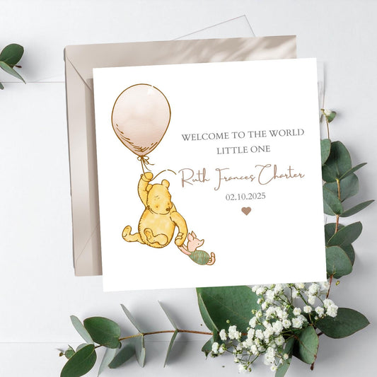 Personalised Winnie The Pooh New Baby Card - Winnie The Pooh Welcome to the World Card - Neutral Baby Card- Personalised Newborn Card