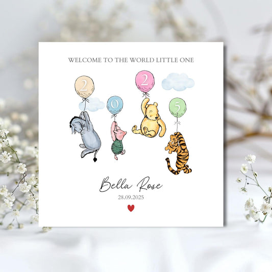 Personalised New Baby Card - Winnie The Pooh Welcome to the World Card - Winnie The Pooh, Piglet, Tiger, Eeyore Baby Card