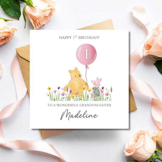Personalised First Birthday Winnie The Pooh Card |One birthday Winnie Pink card |Birthday Card for Girl, Granddaughter,Daughter,Any Relation
