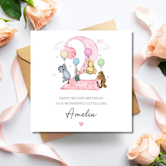 Personalised Second Birthday Winnie The Pooh Card |2nd birthday Winnie Pink card|Birthday Card for Girl, Granddaughter,Daughter,Any Relation