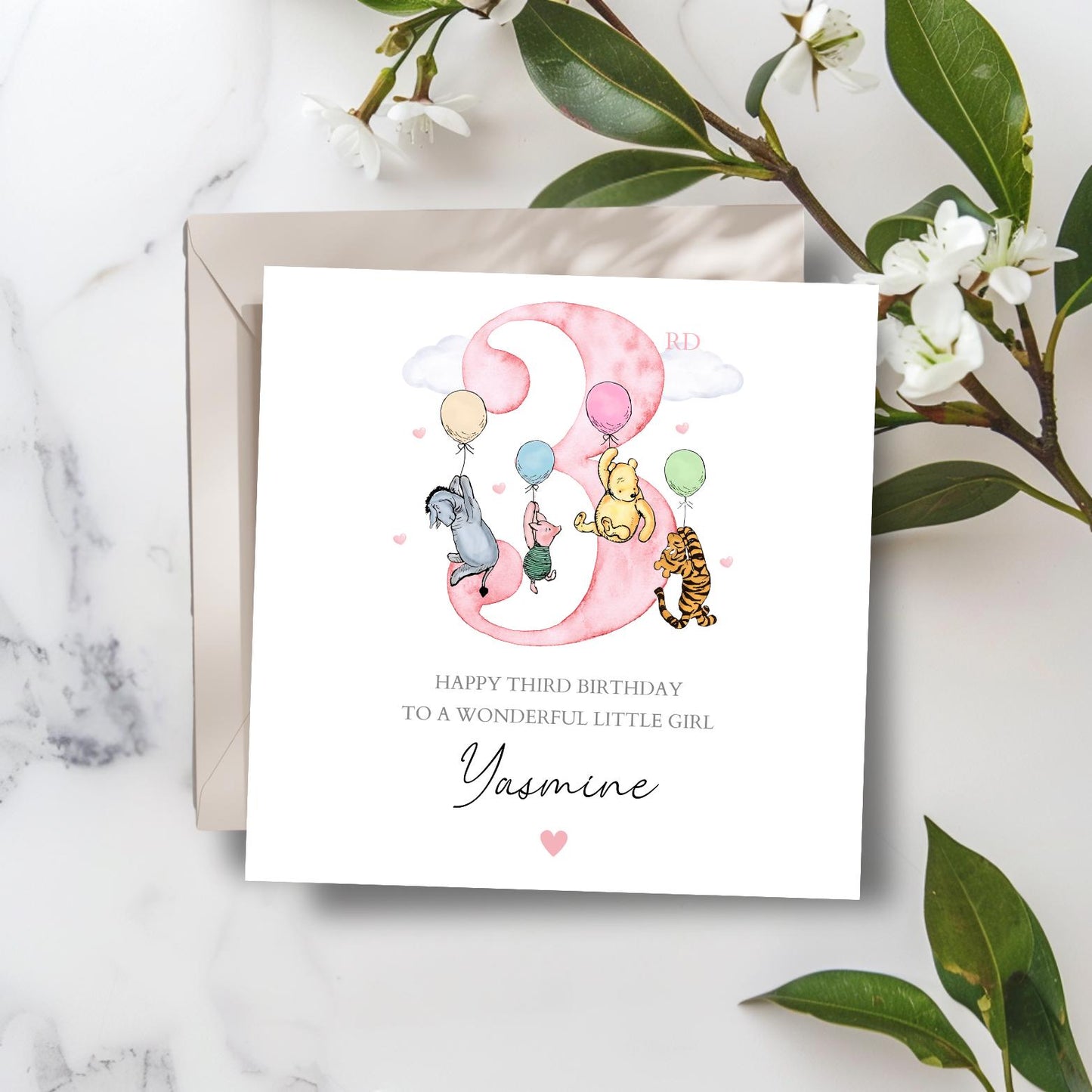 Personalised Third Birthday Winnie The Pooh Card |3rd Birthday Winnie Pink Card| Birthday Card for Girl, Granddaughter,Daughter,Any Relation