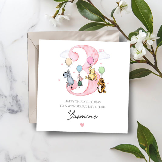 Personalised Third Birthday Winnie The Pooh Card |3rd Birthday Winnie Pink Card| Birthday Card for Girl, Granddaughter,Daughter,Any Relation