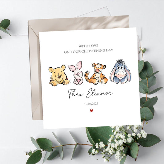 Personalised Christening Card - Winnie The Pooh Baptism Card For Granddaughter, Daughter -  Pooh, Piglet, Tiger, Eeyore Christening Card
