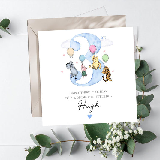Personalised Third Birthday Winnie The Pooh Card |3rd birthday Winnie Blue Card| Birthday Card for Boy, Grandson, Son, Nephew Any Relation