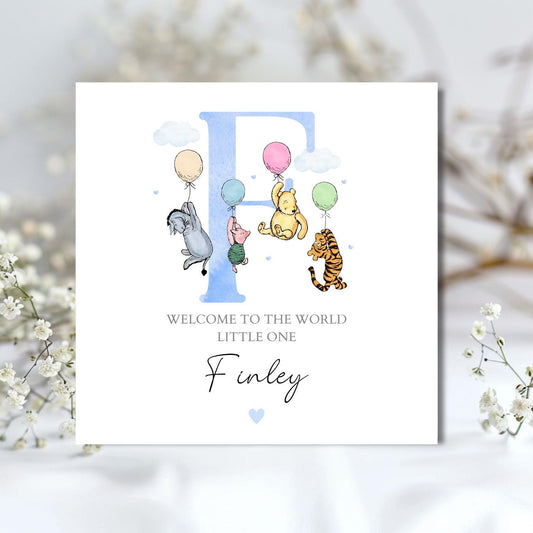 Personalised New Baby Card - Winnie The Pooh Welcome to the World Card - Winnie The Pooh, Piglet, Tiger, Eeyore New Baby Card, Any Relation