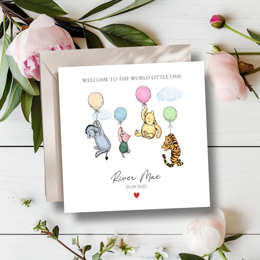 Personalised New Baby Card - Winnie The Pooh Welcome to the World Card - Winnie The Pooh, Piglet, Tiger, Eeyore Baby Card