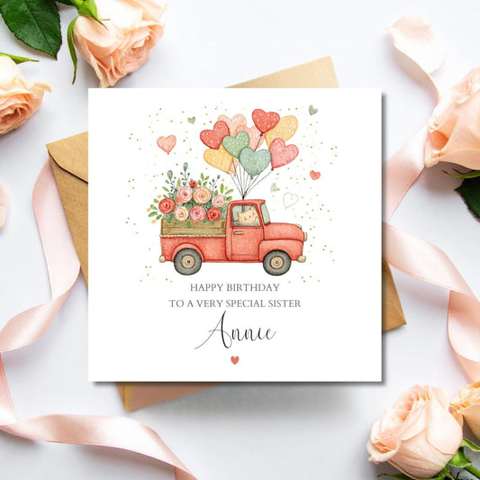 Personalised Sister Birthday Card - Love Cat Truck Birthday Card -Best Sister Card- Birthday Card for Mum, Mom, Bestie, Grandma,Any Relation