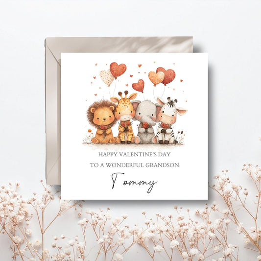 Personalised Safari Valentine's Day Card, Safari Animals Valentine's Card for Boy or Girl,Grandson, Daughter, Niece, Son,Love Animals Design