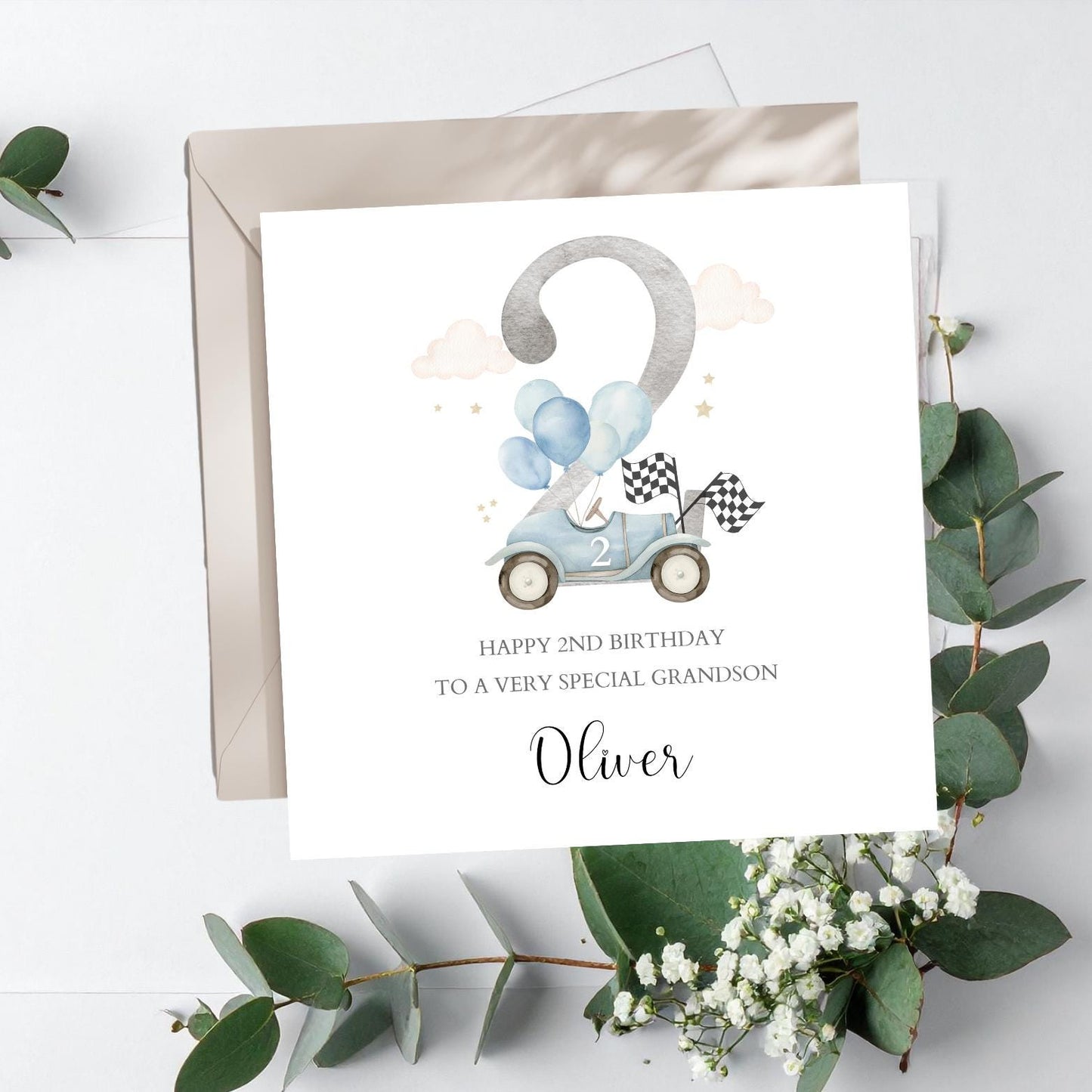 Personalised Second Birthday Race Car Card | Boy Blue Birthday Car Card| 1st,2nd,3rd Birthday Card for Son, Grandson, Nephew, Any Relation