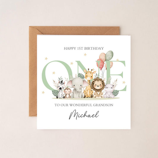 Personalised First Birthday Card Safari Animals | Green birthday Animals card | One Birthday Card for Boy |Birthday Card for Daughter, Son