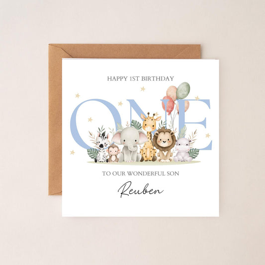 Personalised First Birthday Card Safari Animals | Blue birthday Animals card | One Birthday Card for Boy |Birthday Card for Son, Grandson