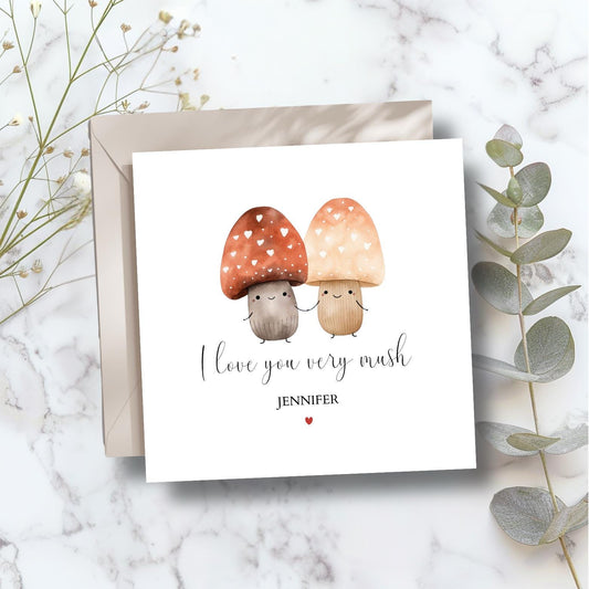 Personalised I Love You Very Mush Card, Personalised Mushroom Pun Valentine Card for Wife, Girlfriend, Mushroom In Love Design