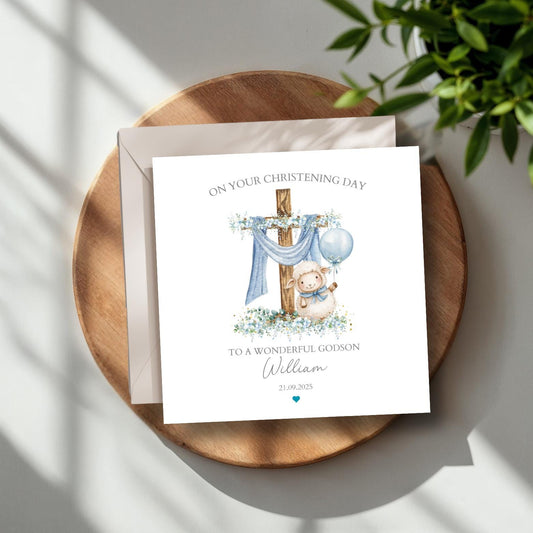 Personalised Grandson Christening Card, Godson Baptism Sheep Card, Christening card for Boy, Nephew, Christening Card for Girl, Any Relation