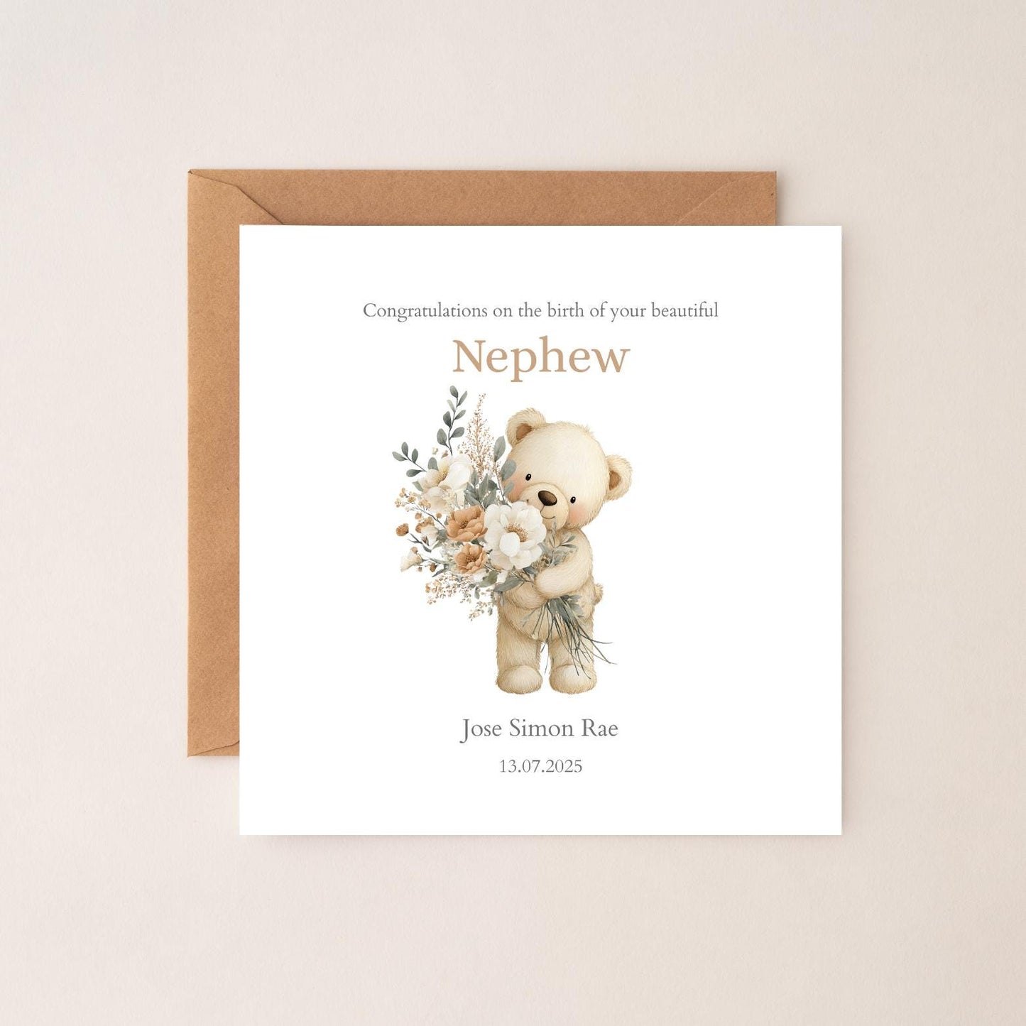 Personalised New Nephew Card - Personalised Baby Card for Nephew - Bear Nephew Card- Personalised Newborn Card