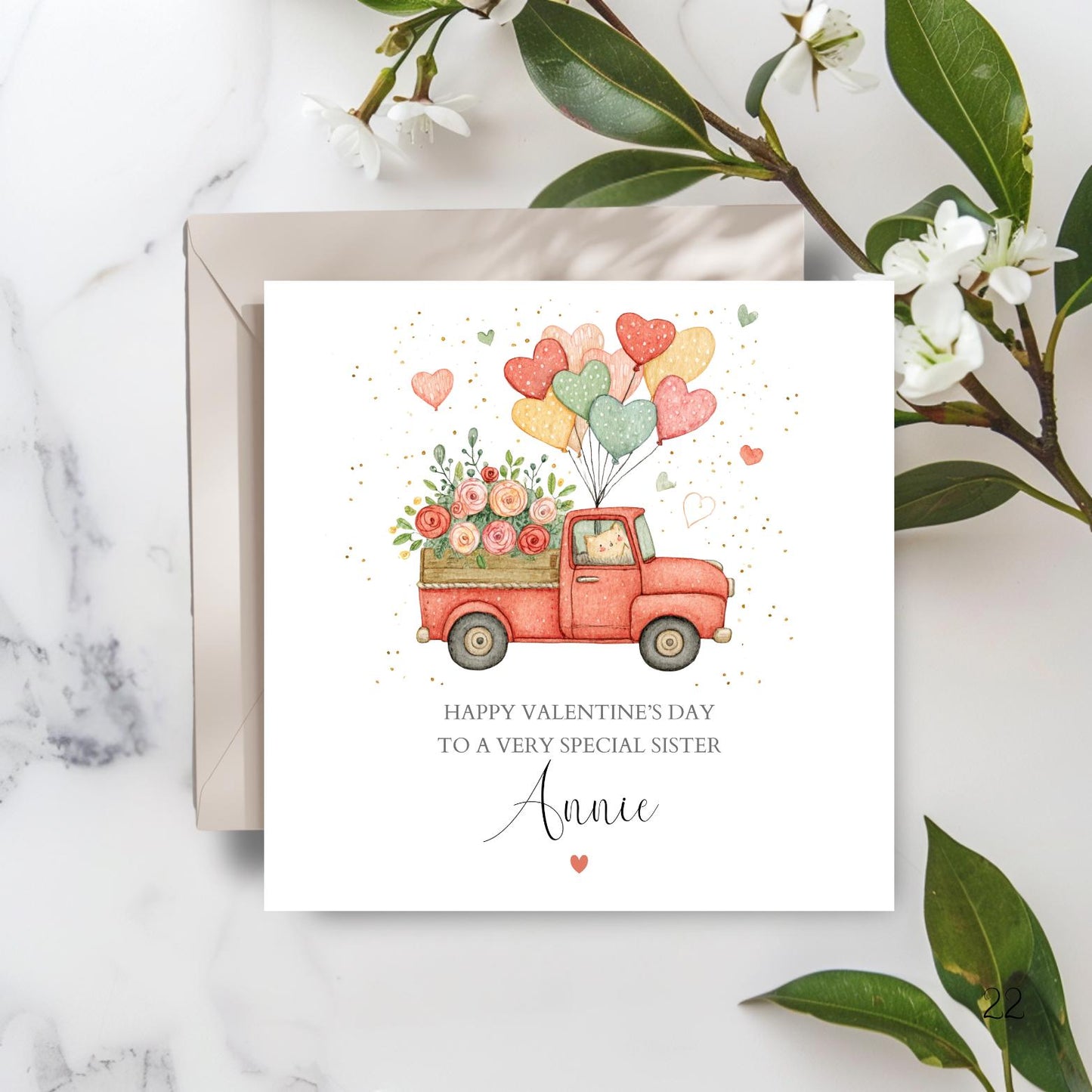 Personalised Love Truck Valentine's Day Card, Personalised Sister Valentine Card for Wife, Girlfriend, Any Relation, Cat Truck Design