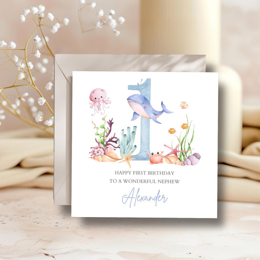 Personalised First Birthday Card Under the Sea Animals| Child birthday Ocean card| Sea Life 1st,2nd,3rd Birthday Card for Boy, Son, Grandson
