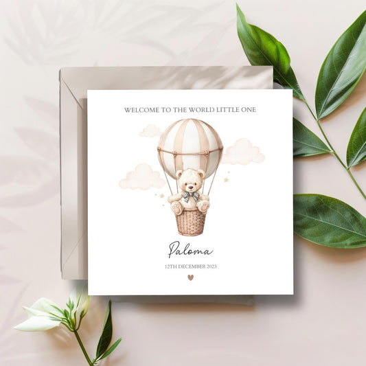 Personalised New Baby Card - Neutral Balloon Bear Baby Card- Welcome to the World Card Personalised Newborn Card For Granddaughter, Grandson