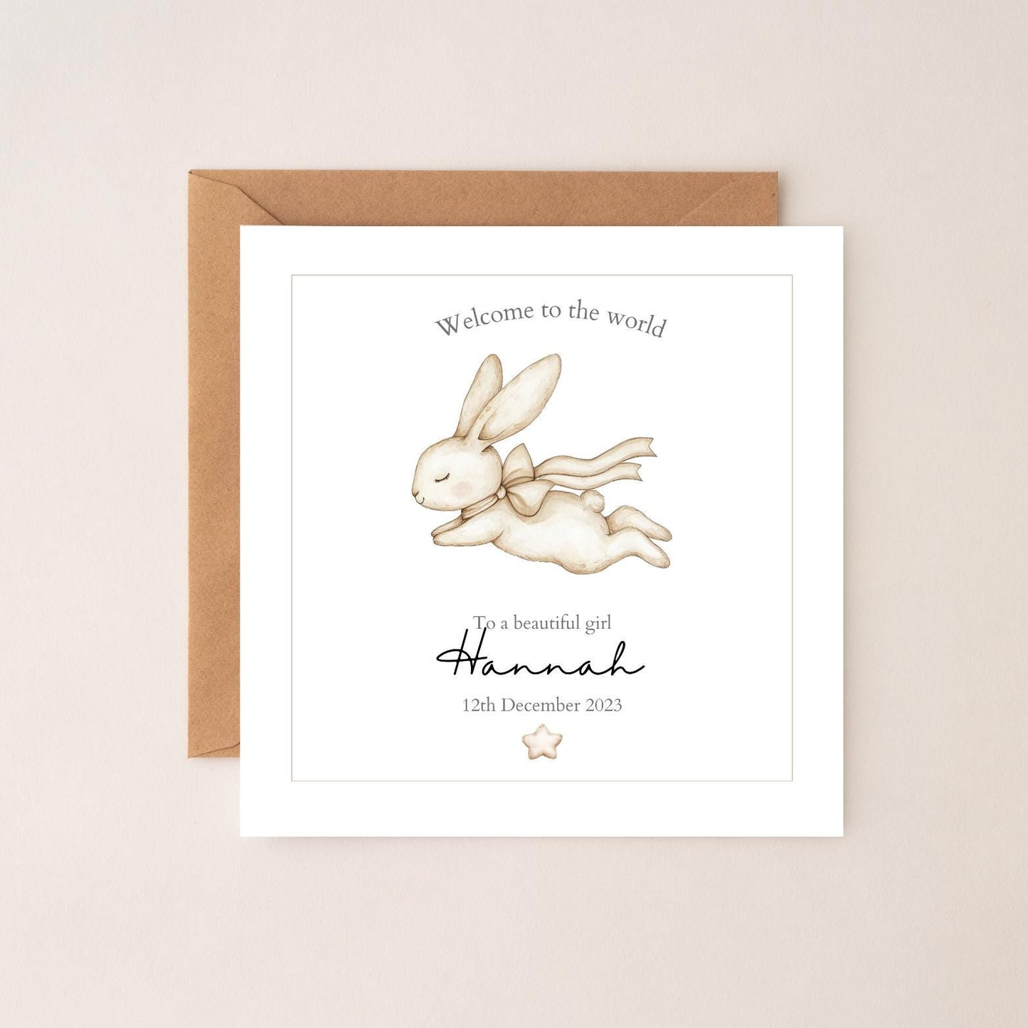 Personalised New Baby Card - Neutral Welcome to the World Card - Bunny Baby Card- Personalised Newborn Card RD3