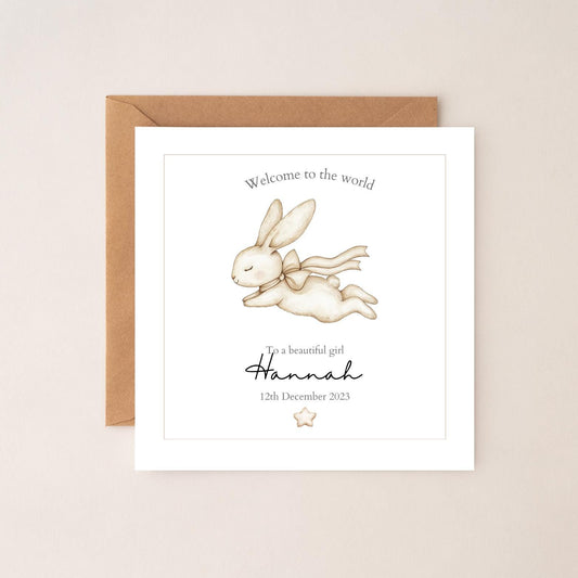 Personalised New Baby Card - Neutral Welcome to the World Card - Bunny Baby Card- Personalised Newborn Card RD3