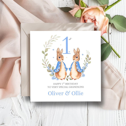 Personalised Flopsy Bunny Twin Birthday Card, Twin Boys Peter Rabbit Card ,Twins Girls Birthday Card, Peter Rabbit Birthday Card