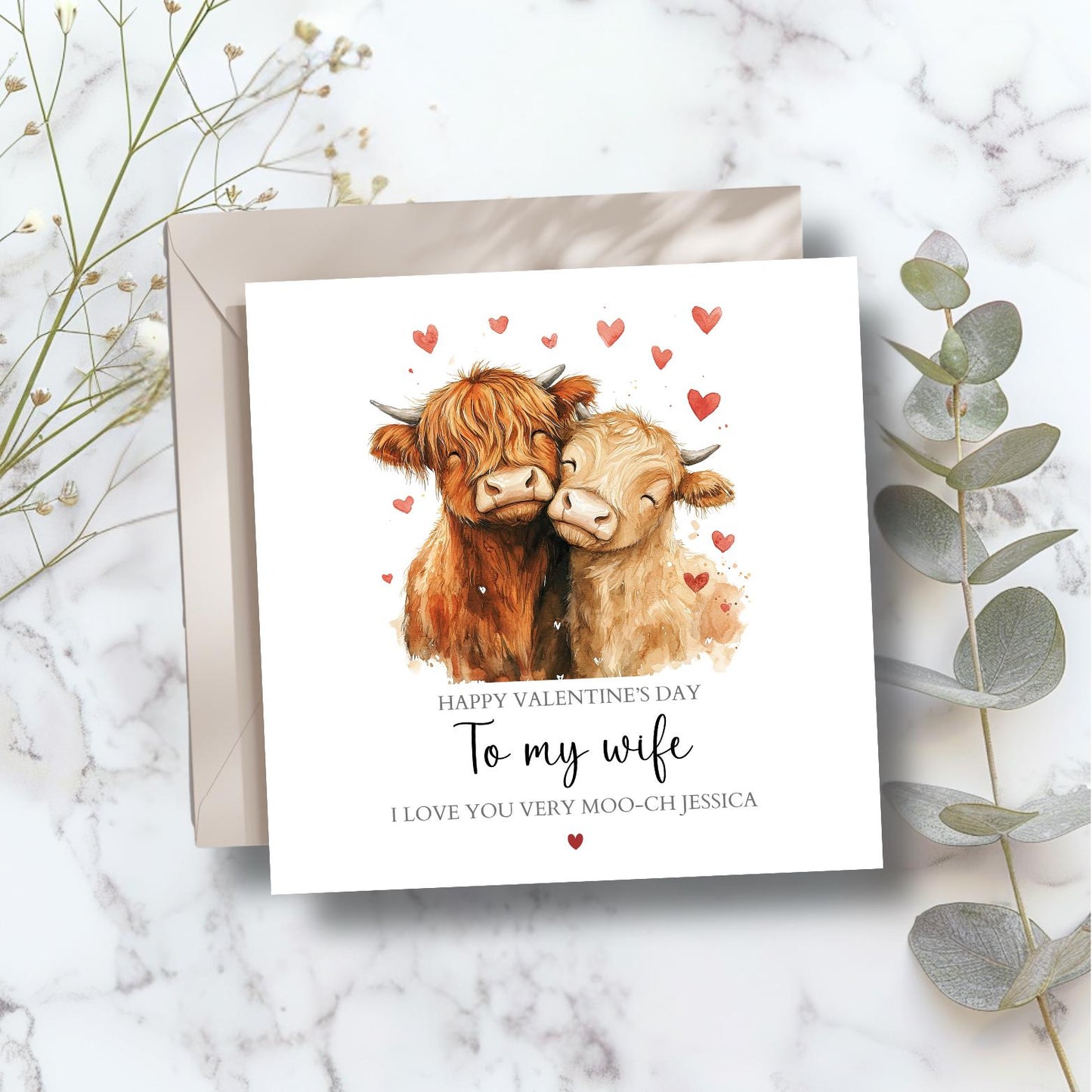 Personalised Highland Cow Valentine's Day, Personalised Couple Valentine Card for Wife, Girlfriend,Husband, Boyfriend,Any Relation