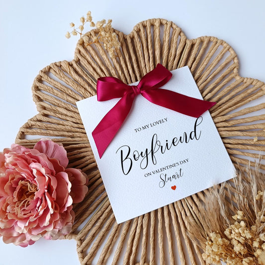 Boyfriend Valentine's Day Bow Card, Luxury Red Bow Card for Husband, Wife, Girlfriend, Fiancé, Handmade Ribbon & Colour Options