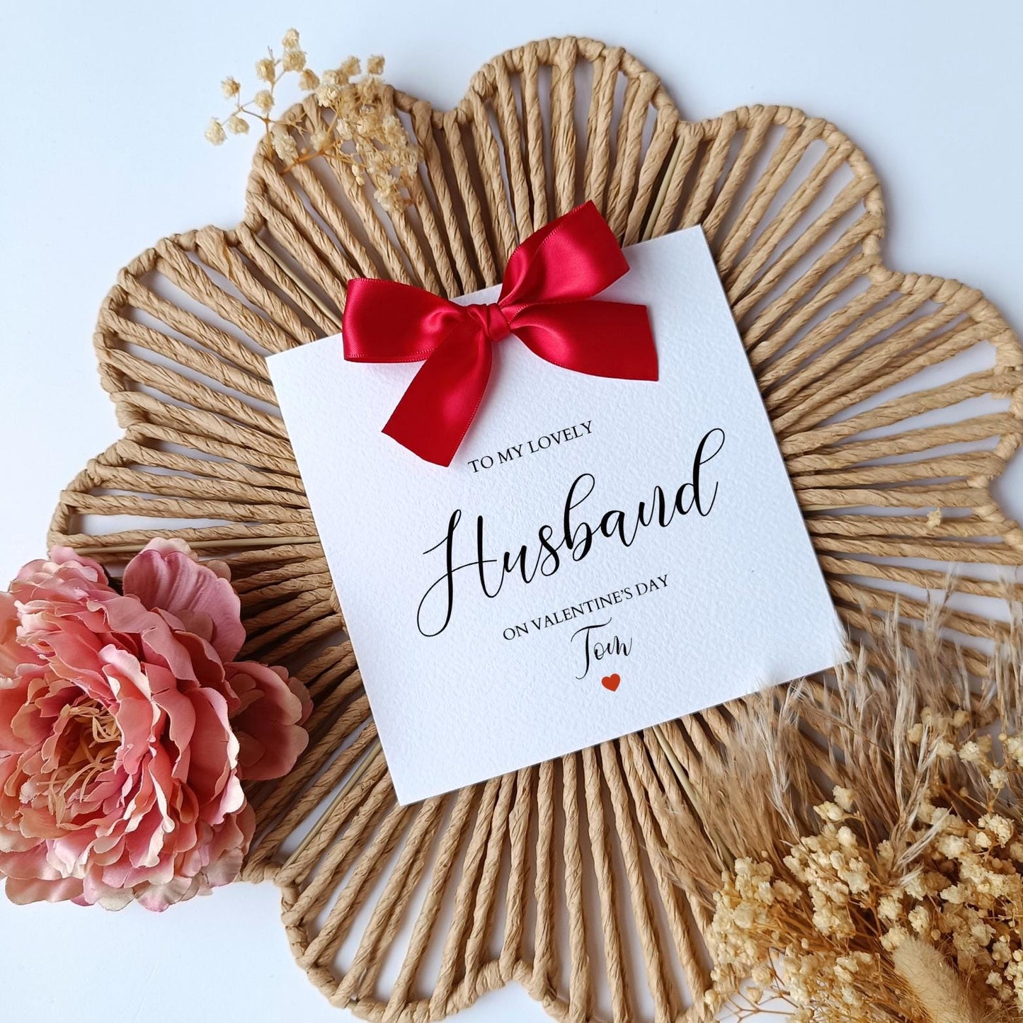 Wife Valentine's Day Bow Card, Luxury Red Bow Card for Wife, Husband, Girlfriend, Fiancé, Any Relation & Colour Options, Handmade Ribbon