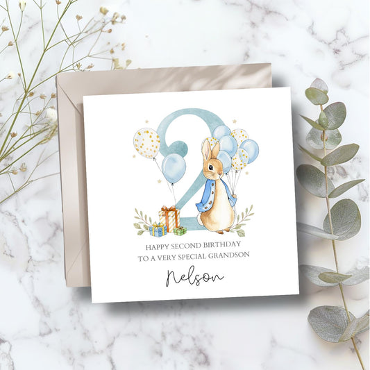 Personalised Peter Rabbit 2nd Birthday Card, Flopsy Bunny 2nd Birthday Card for Boy or Girl  ,Daughter, Grandson, Any Relation, Blue or Pink