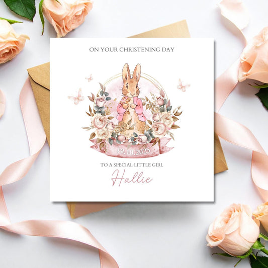 Personalised Rabbit Flopsy Bunny Girl Christening Card, Baptism Card, Personalised Baby Girl Greeting Card, Bunny Rabbit Card