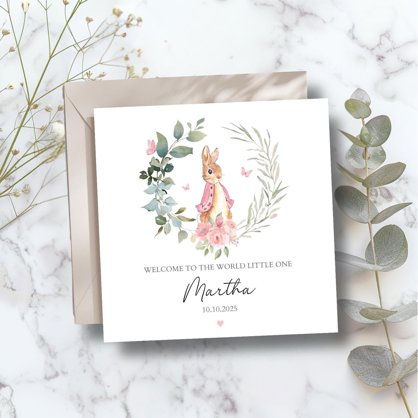 Personalised Peter Rabbit New Baby Card, Personalised New Baby Girl Pink Card ,Baby's Name Initial Card, Bunny Peter Rabbit Card