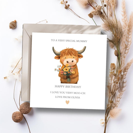 Personalised Highland Cow Birthday Card - Mummy Birthday Card -Best Mum Card-Birthday Card for Mum, Friend , Bestie, Nanny ,Any Relation
