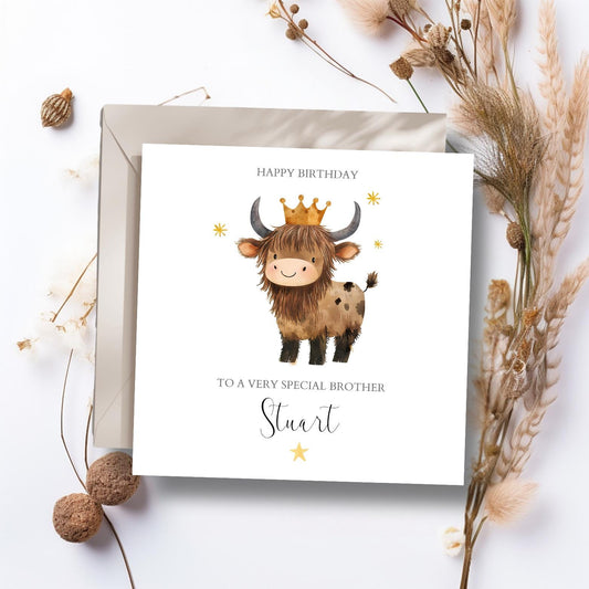 Personalised Highland Cow Brother Birthday Card - Dad Birthday Card -Birthday Card for Uncle, Friend , Nephew, Grandad ,Any Relation