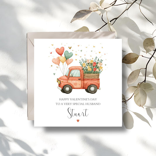 Personalised Love Truck Valentine's Day Card, Personalised Husband Valentine Card for him, Girlfriend, Wife, Any Relation, Love Truck Design
