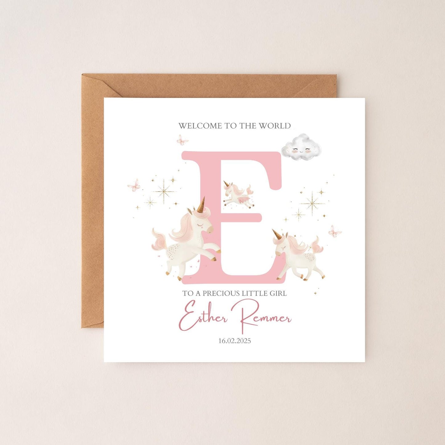 Personalised New Baby Card, Personalised Baby Unicorn Girl Greeting Card ,Baby's Name Initial Card, Magical Unicorn Card