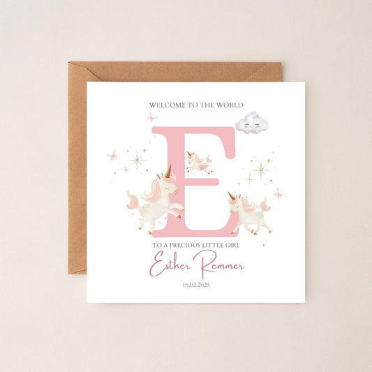 Personalised New Baby Card, Personalised Baby Unicorn Girl Greeting Card ,Baby's Name Initial Card, Magical Unicorn Card