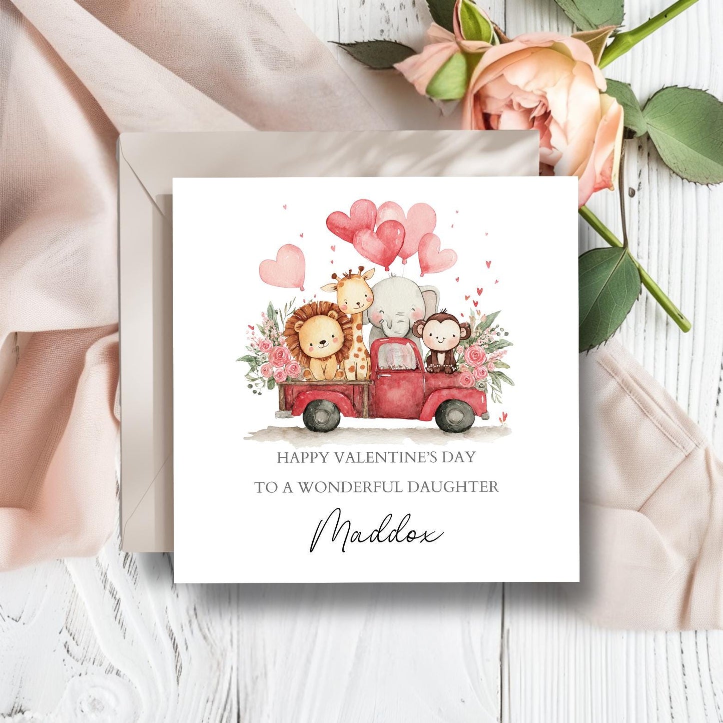 Personalised Safari Valentine's Day Card, Safari Animals Valentine's Card for Girl or Boy ,Granddaughter, Daughter, Niece, Son, Truck Design