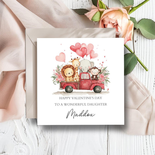 Personalised Safari Valentine's Day Card, Safari Animals Valentine's Card for Girl or Boy ,Granddaughter, Daughter, Niece, Son, Truck Design