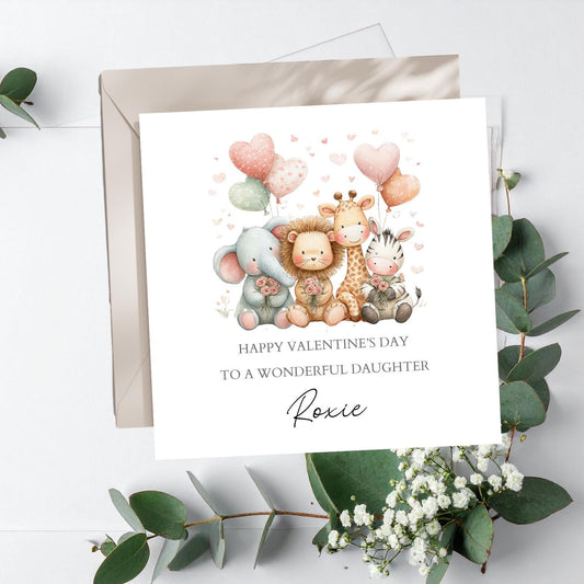 Personalised Safari Valentine's Day Card, Safari Animals Valentine's Card for Girl or Boy ,Granddaughter , Daughter, Niece, Son