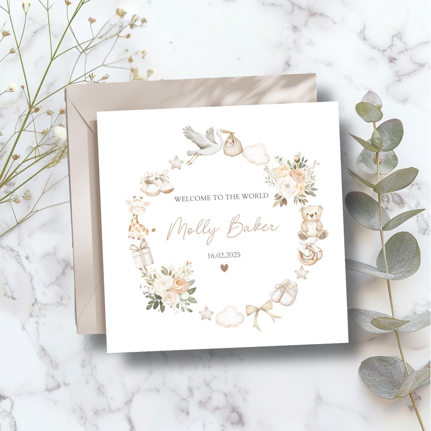 Personalised New Baby Card - Neutral Welcome to the World Card -Neutral Bear Wreath Card- New Baby Girl Beige Card- New Granddaughter, Niece