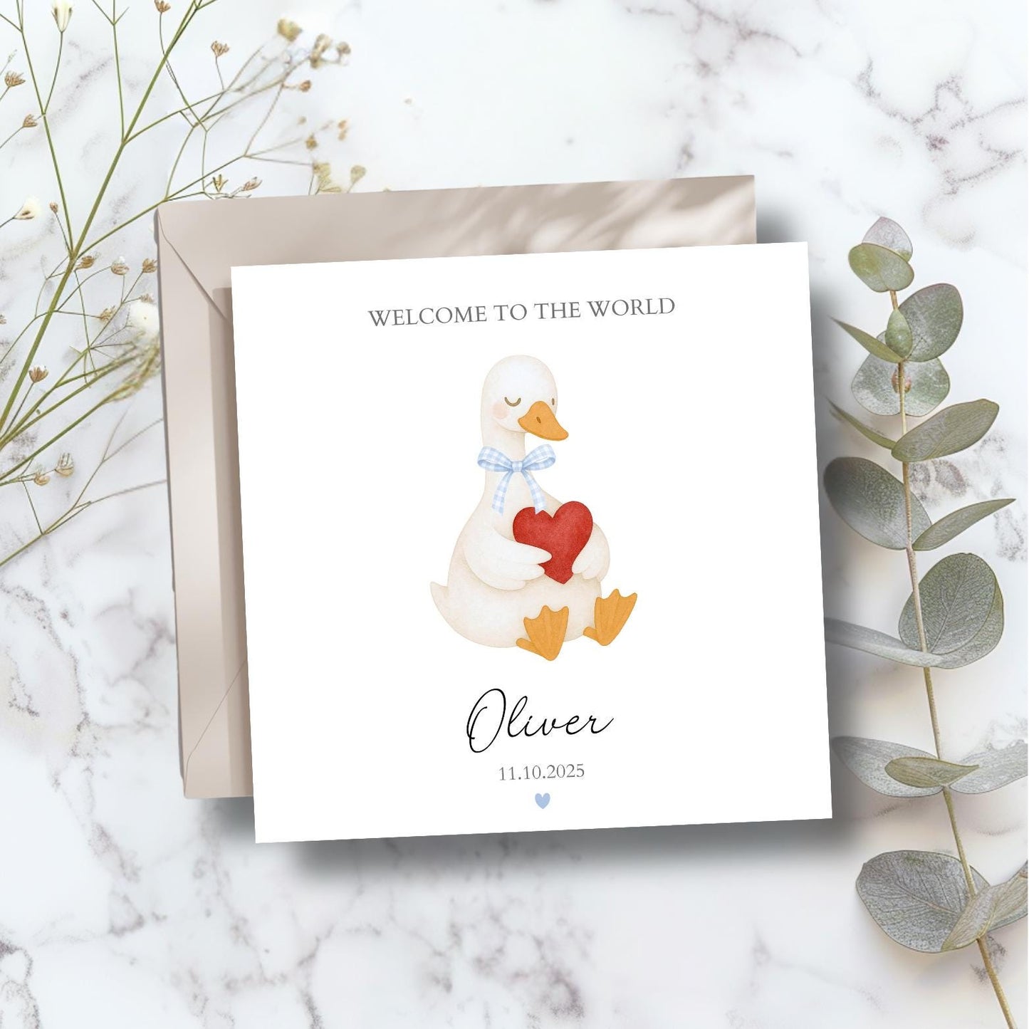 Personalised New Baby Goose Card - Blue Or Pink Welcome to the World Card - Heart Goose New Baby Card for Girl Or Boy-New Granddaughter Card
