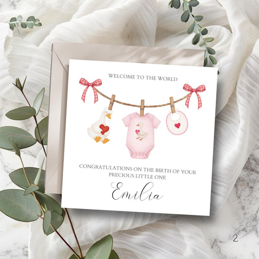 Personalised Pink New Baby Card, Welcome to the World Pink Goose Card, Cute Heart Granddaughter Baby Card, Sister, Niece,Clothes Line Design