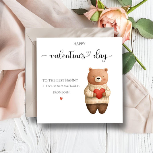 Personalised Nanny Valentines Day Card, Valentines Day Card for Grandma, Bear Balloon Valentine's Card for Mum, Grandma, Any Relation